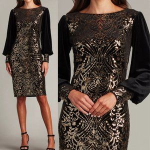 NWT TADASHI SHOJI Hazine Sequin Embroidered Velvet Dress BLACK GOLD